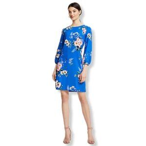 Ann Taylor Blue Floral Shift Dress With 3/4 Long Sleeves